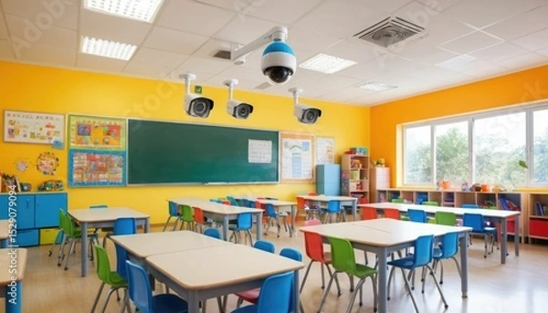 Fototapeta A colorful kindergarten classroom is being watched over by a modern CCTV security camera for the protection of the children.