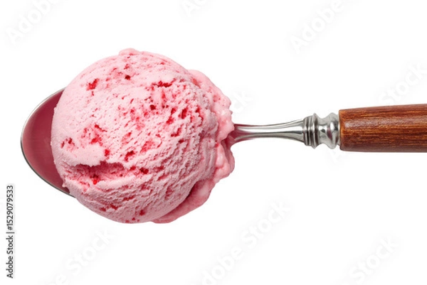 Obraz Strawberry ice cream scoop on spoon top view, isolated on transparent background.