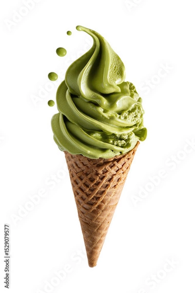 Obraz Matcha or green tea ice cream on wafer cone isolated on transparent background.