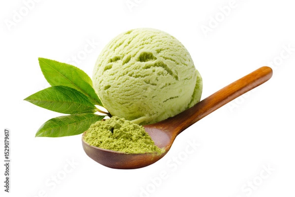 Obraz Matcha ice cream scoop on wooden spoon isolated on transparent background.