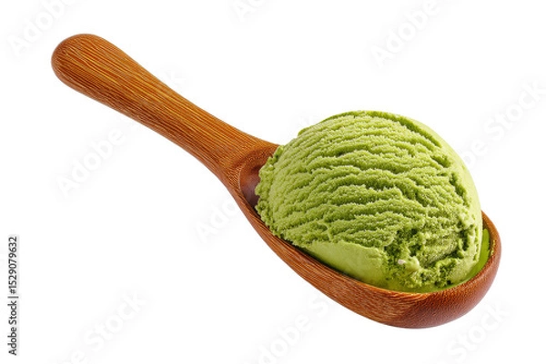 Obraz Matcha ice cream scoop on wooden spoon isolated on transparent background.