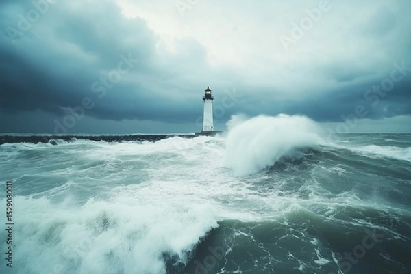 Fototapeta Powerful Ocean Waves Crashing Against Lighthouse Under Stormy Sky – Symbol of Strength and Guidance in Turbulent Waters.
