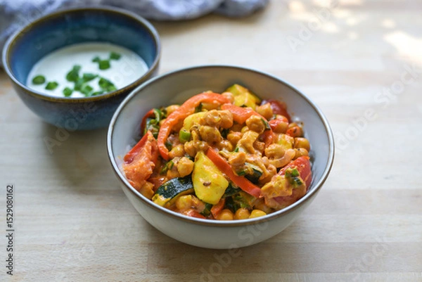 Fototapeta Vegetarian curry made from chickpeas and vegetables such as zucchini, peppers and leek in a bowl, served with fresh yogurt, healthy meal on a wooden table, copy space