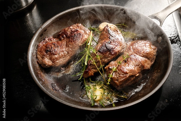Fototapeta Fresh steaming beef steaks are seared in a carbon steel frying pan with butter, garlic, thyme and rosemary, cooking tasty meat, selected focus
