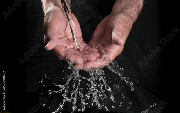 Obraz Hands catching running water running with splashing and glittering drops against a black background, concept for environmental resources, health and hygiene, copy space