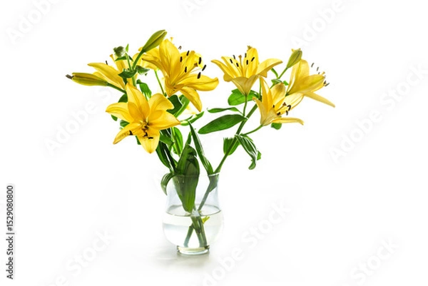 Fototapeta Yellow lilies as flower bouquet in a glass vase isolates with small shadow on a white background, copy space, selected focus