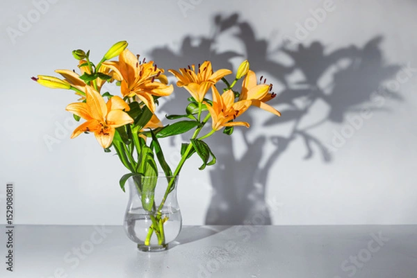 Fototapeta Orange lilies flower bouquet in a glass vase casting a shadow against a gray wall, copy space, selected focus