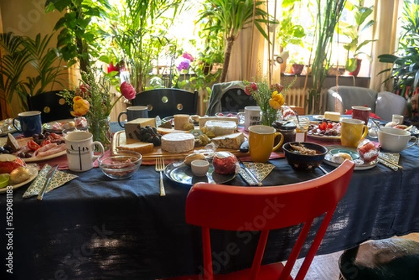 Fototapeta Large dining table, fully set with cheese, sausage and more delicacies for a meal with family or friends in a living room, selected focus