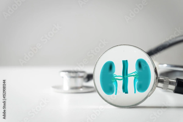 Obraz Medical and Healthcare idea.,Magnifying glass focusing on human kidneys with a stethoscope in the background.Concept for nephrology, renal health,diagnosing kidney disease,urology,urinary system.