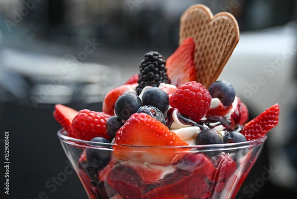 Fototapeta Ice cream sundae with fruits, blueberries and strawberries in a street cafe, copy space, selected focus