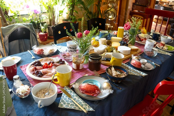 Fototapeta Large dining table, opulent and colorful setting with a lot of food like cheese, sausage and more for a festive informal meal with family or friends in a living room, selected focus