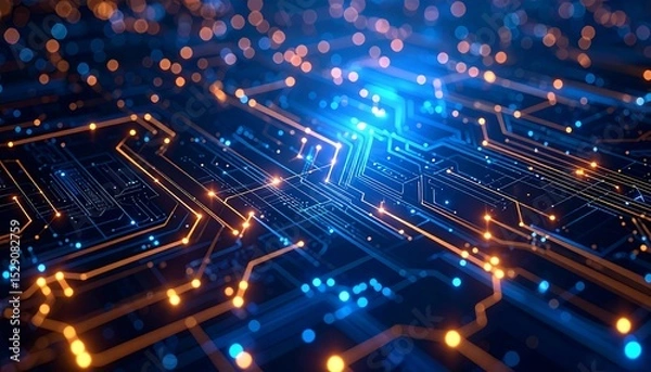 Fototapeta Abstract circuit board with glowing nodes and lines, conveying technology and connectivity feelings.