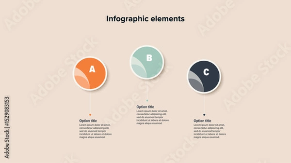 Fototapeta Business process chart infographics with 3 step circles. Round workflow graphic elements. Company flowchart presentation slide. Vector info graphic in flat design