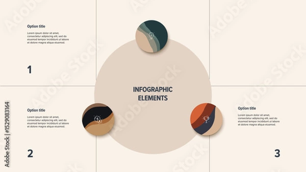 Fototapeta Business process chart infographics with 3 step circles. Round workflow graphic elements. Company flowchart presentation slide. Vector info graphic in flat design
