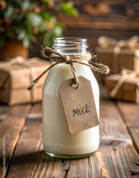 Fototapeta Rustic milk bottle with tag and twine on wooden table with gifts