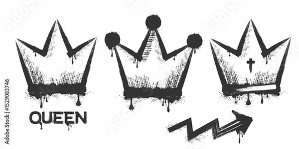 Fototapeta Spray paint graffiti element set of grunge crown with grungy texture. Grunge aesthetic ink graphic symbols of ROYAL CROWN,KING,QUEEN isolated on white background for printing on tee