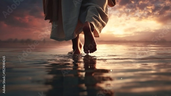 Obraz Jesus walks on water at sunset, embodying faith and tranquility while touching the surface