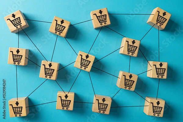 Obraz Wooden blocks with shopping cart icons connected in a network, symbolizing e-commerce and online retail.Concept for online marketplace,digital shopping.