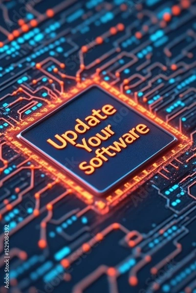 Obraz Circuit board with Update Your Software on processor emphasizing cybersecurity awareness featuring interconnected orange and blue glowing pathways