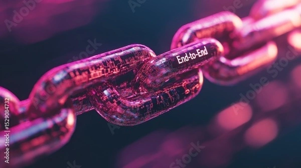 Fototapeta Connected Chain Links Displaying End To End Over Dark Backdrop Depicting Cybersecurity Awareness With Blurred Dots