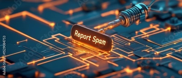 Fototapeta Button shows Report Spam on glowing circuit board with connection tool. Data security. Network. Digital age. Protection. Cybersecurity Awareness concept.