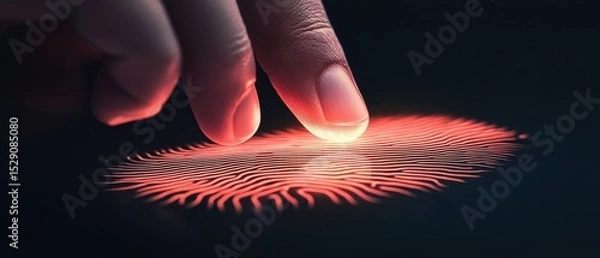 Fototapeta Finger touching digital fingerprint. Red light on secure access control. Cybersecurity Awareness concept. Technology scanning identification for safety.