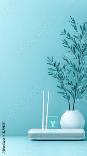 Fototapeta Turquoise background with router antennae wifi symbol and green plant inside a white vase Cybersecurity Awareness concept