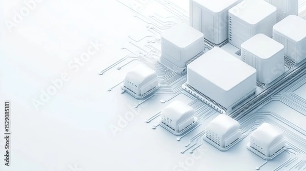 Fototapeta White Circuit Board with Cubes shows Cybersecurity Awareness Concept with Focus on Digital Data and Global Information on Light Surface
