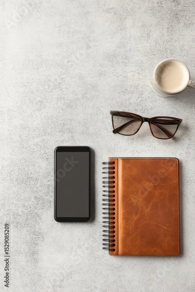 Fototapeta Flat lay image with blank screen phone, closed notebook, glasses, and coffee mug on stone surface to highlight awareness
