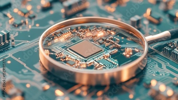 Fototapeta Magnifying Glass Examines Circuit Board Technology. Close View of Integrated Microchip for Cybersecurity Awareness. Data Scrutiny on Digital System.