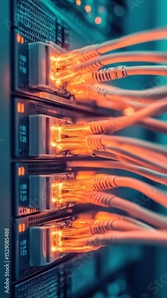 Fototapeta Server cables glow orange connecting to network ports. Cybersecurity awareness concept for secure online systems.