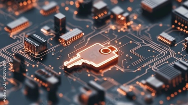 Fototapeta Glowing Key Symbol on Circuit Board Representing Cybersecurity Awareness with Electronic Components and Orange Lights