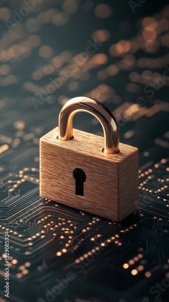 Fototapeta Padlock Symbol Sits Atop Glowing Network Circuit Board Demonstrating Cybersecurity Awareness and Digital Protection