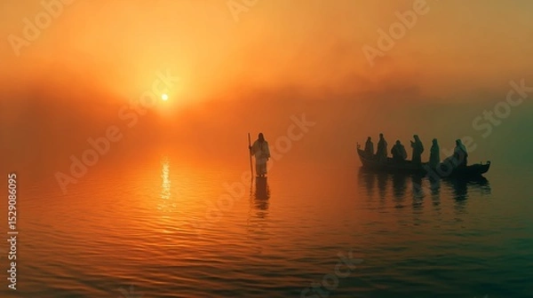 Obraz Jesus walks on water at sunrise while disciples observe from a boat in serene water setting