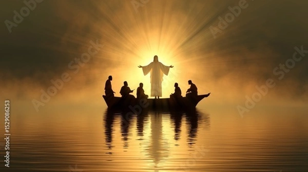 Obraz Jesus walks on water at sunrise while disciples observe from a boat on calm waters