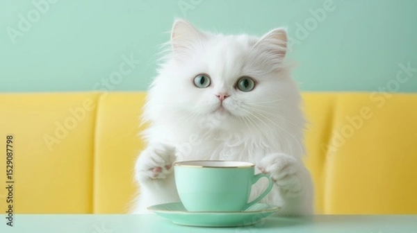 Fototapeta Adorable fluffy white kitten with piercing blue eyes sitting at a table holding a pastel turquoise teacup in a modern colorful interior with pastel yellow and mint green background