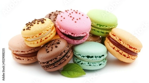 Fototapeta Assorted colorful macarons with cream fillings in various pastel shades arranged on a white background for dessert, pastry, and sweet treat concept