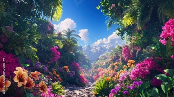 Fototapeta Vibrant tropical jungle landscape with colorful blooming flowers lush green palm trees bright blue sky with fluffy white clouds and a rocky path leading through nature