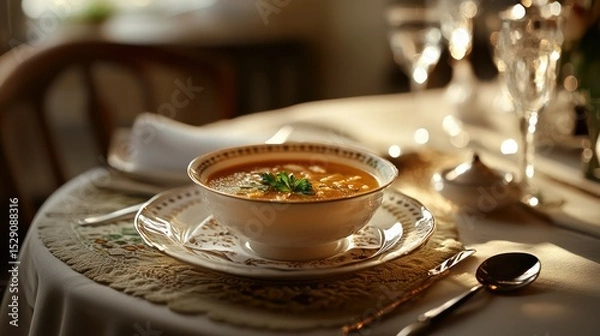 Fototapeta Elegant table setting with a bowl of warm tomato soup garnished with fresh herbs on a patterned plate, surrounded by glassware, cutlery, and white napkins in cozy dining ambiance