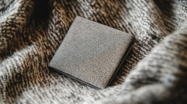 Fototapeta Close-up of a compact black rectangular wallet with textured surface resting on luxurious animal print fabric in a detailed interior shot showcasing fashion accessories and style