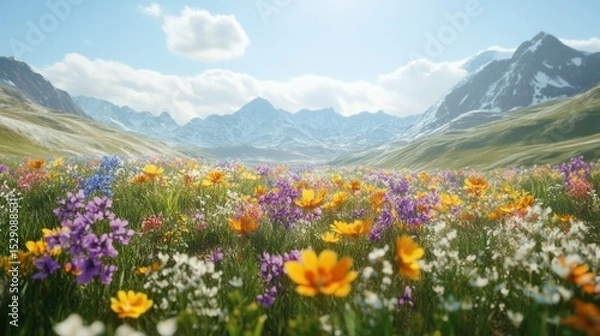 Fototapeta Vibrant wildflower meadow in a mountainous valley with colorful blossoms and lush green grasses under a partly cloudy sky du daytime