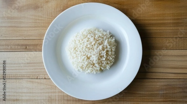 Fototapeta Round white ceramic plate filled with finely shredded white cheese placed on a wooden surface with visible wood grain background