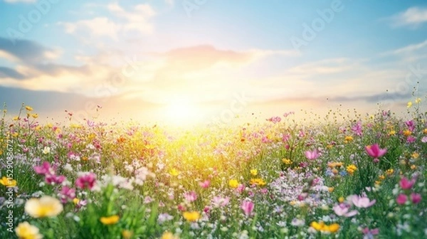 Fototapeta Vibrant blooming sp meadow with colorful wildflowers under a bright sunny sky du sunrise or sunset, perfect for nature and outdoor themes