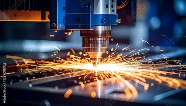 Fototapeta A laser cutting machine precisely engraves metal, scattering bright sparks in a factory setting.