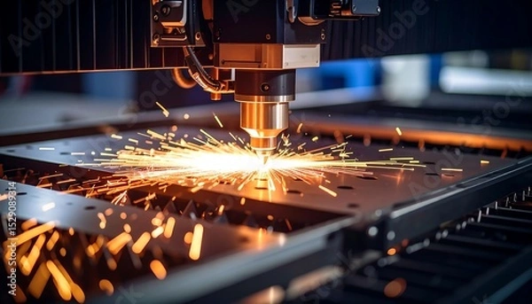 Fototapeta Automated laser cutting process with vibrant sparks and precise metallurgical milling in progress.