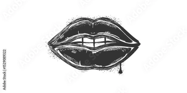 Fototapeta Spray paint graffiti element set of grunge woman LIPS with grungy texture. Grunge aesthetic ink graphic symbols of sexy woman lips and mouth isolated on white background for printing on tee