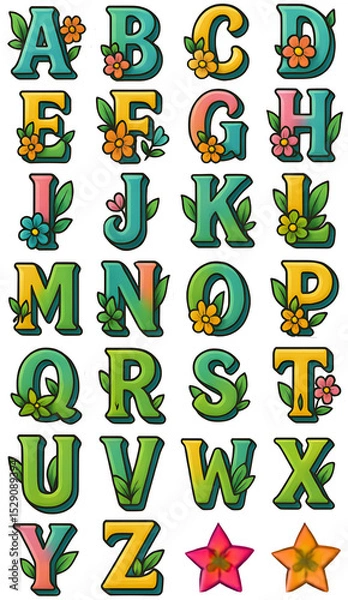 Fototapeta Glossy 3D Floral English Letters A to Z in Bright Colors with Decorative Flowers and Leaves on Black Background, Ideal for Educational, Kids, and Creative Design Projects,transparent background 
