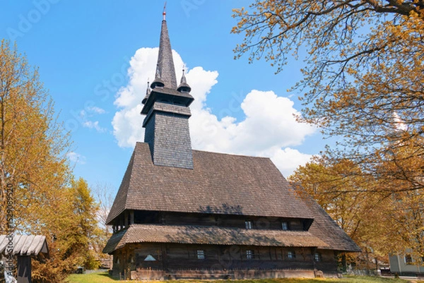 Obraz Old wooden Gothic church of St. Nicholas the Wonderworker in the village of Sokyrnytsia, Zakarpattia oblast.