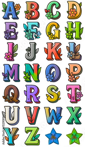 Fototapeta Glossy 3D Floral English Letters A to Z in Bright Colors with Decorative Flowers and Leaves on Black Background, Ideal for Educational, Kids, and Creative Design Projects,transparent background 
