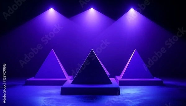 Obraz Deep purple triangular platforms supporting product in glowing spotlight design